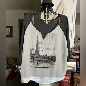 Like new Pleione Paris shirt. Light weight front and T-shirt back. Size Large